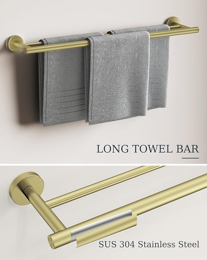 Brushed Gold Bathroom Accessories Set, SUS304 Stainless Steel 5 Pieces Bathroom Hardware Set, 24" Double Bath Towel Bar Set, 2 Towel Hooks, Toilet Paper Holder, Towel Racks for Bathroom Wall Mounted
