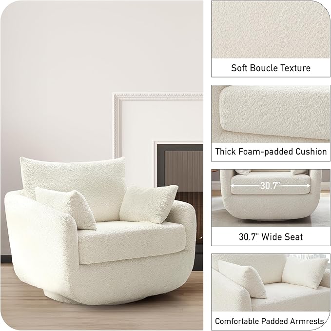 360° Swivel Accent Armchair Set of 2, 39.3" Oversized, Sherpa Boucle Fabric Sofa Chair with Removable Back & Arm Pillows, Swivel Chairs with Cozy Soft Padded, No Assembly Required, White
