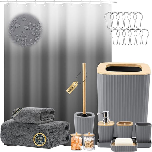 Bathroom Set - Grey Bathroom Accessories Set with Shower Curtain, Bath Towels, Soap Dispenser, Toilet Brush, Trash Can, Grey Bathroom Accessories Sets Complete for Housewarming