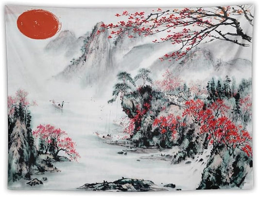 Cherry Blossoms Tapestry,Japanese Red Landscape Asian Watercolor Abstract Art Tapestry, Asian Japanese Wall Tapestry, Nature Landscape Tapestries for Bedroom Living Room Decor 60"x50"