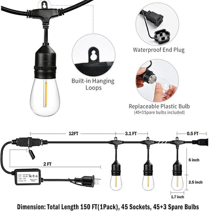 1-Pack 150 ft Outdoor String Lights with Remote Patio Lights Weatherproof, 45+3 Spare S14 Shatterproof Warm 2200K Bulbs, 3 Lighting Modes&Dimmable&Timer