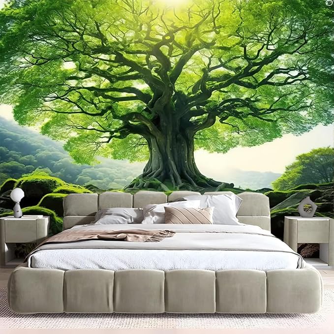 FENDROM Nature Green Big Tree Wall Tapestry Landscape Forest Mountains Sunshine Through Tree of life 3D Print Wall Art for Bedroom Living Room Dorm Decor