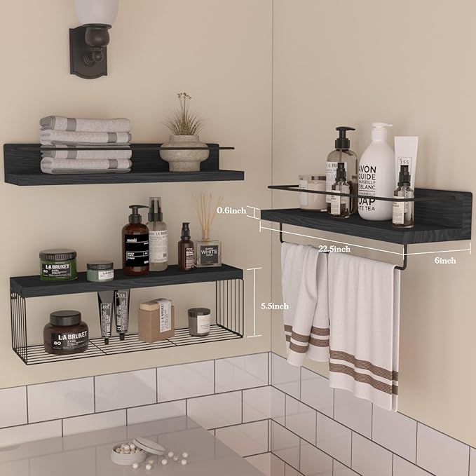 22.5 inches Bathroom Shelves Over Toilet for Wall, Floating Shelves with Storage Basket Paper Holer for Kitchen Living Room, Bedroom & Classroom, Set of 3 (Black)