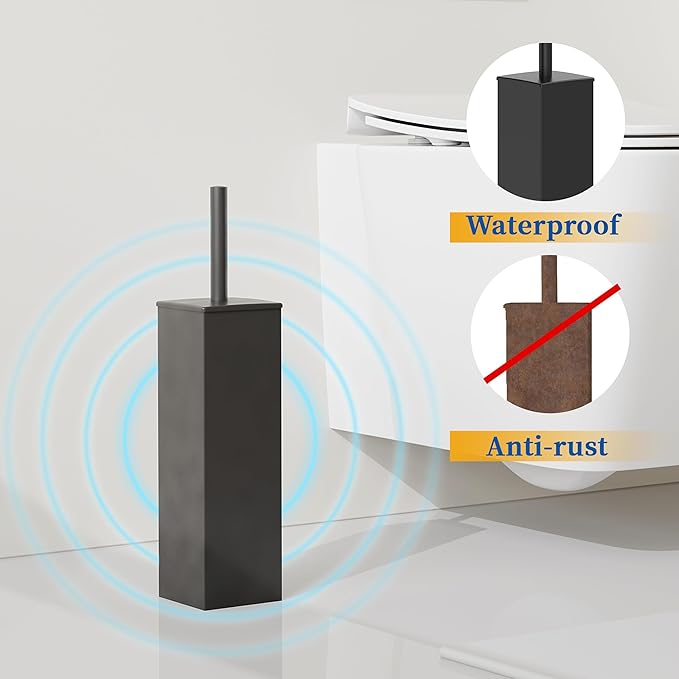 RUACQ Toilet Brush and Holder Set,Square Toilet Bowl Brush for Bathroom with 304 Stainless Steel Handle Toilet Cleaner Brush with Durable Scrubbing Bristles,Splash-Proof (Matte Black)