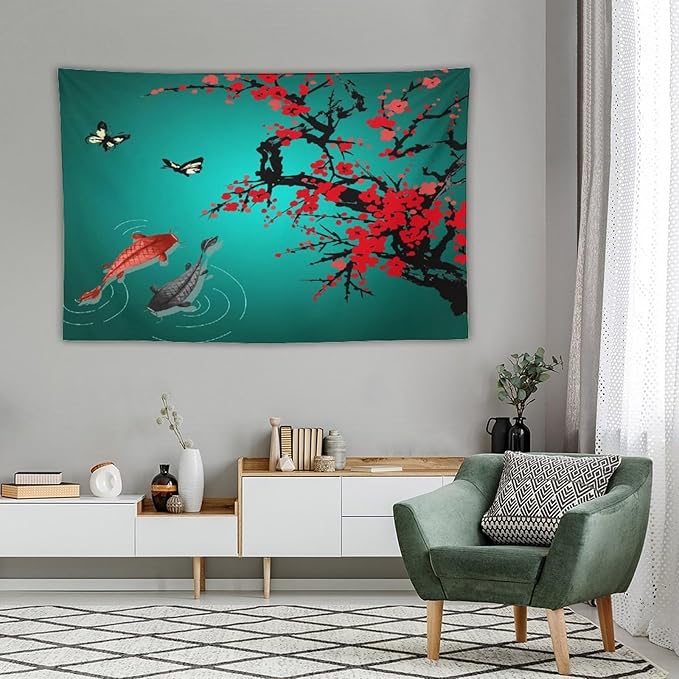 Houselerax Japanese Koi Fish Tapestry, Cherry Blossoms Asian Oriental Green Teal Floral Branch Koi Fish Carp Tapestries Wall Hanging for Bedroom Living Room Office Decor 90"x60"