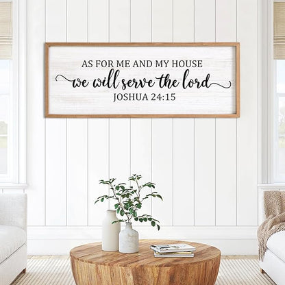 As For Me And My House We Will Serve The Lord Framed Wall Art, 40''×15'' Horizontal Positive Religious Rustic Bible Verse for Christian God Jesus Christ Prayer, Vintage Holy Catholic Scripture Decor