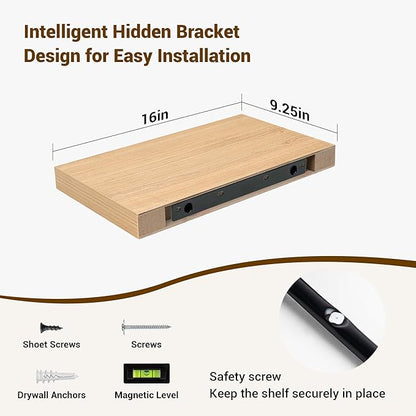 16 Inch Floating Shelves, 3D Textured Wood Grain, 16"x9.25"x1.5" Inch Deep Floating Shelves for Wall, Wooden Shelves for Bathroom, Bedroom, Living Room, Natural, 2 Pieces