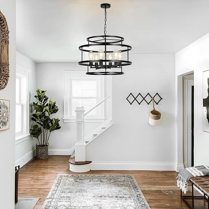 24" Black Chandelier, 6-Light Farmhouse Pendant Light Fixture with Geometric Metal Frame, Modern Industrial Ceiling Hanging Light for Dining Room, Living Room, Bedroom, Kitchen Island, Hallway, Foyer