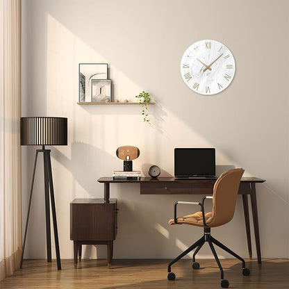 Round Marble Battery Wall Clock Modern 14 Inch White Minimalist Wall Clock for Kitchen Quartz Glass Slient Clock for Wall