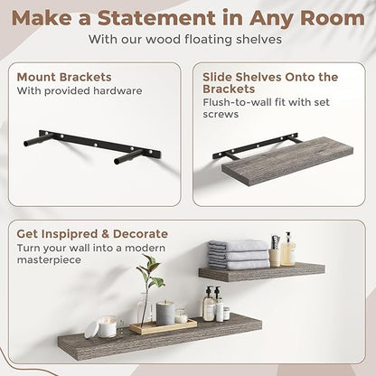 24 Inch Floating Shelves for Wall Set of 2, 8"D Wood Grain Bathroom Shelves with Invisible Brackets, Easy Install Engineered Wood Storage Shelves for Kitchen, Living Room, Bedroom, Grey Oak Finish