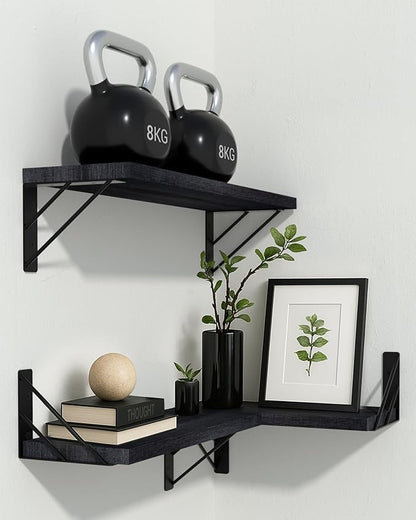 BAYKA Wall Shelves for Bedroom Decor, Floating Wall Shelves for Living Room Kitchen Storage, Mounted Rustic Wood Floating Shelves for Kids Books, Corner Shelves for Bathroom, Office(Set of 3)