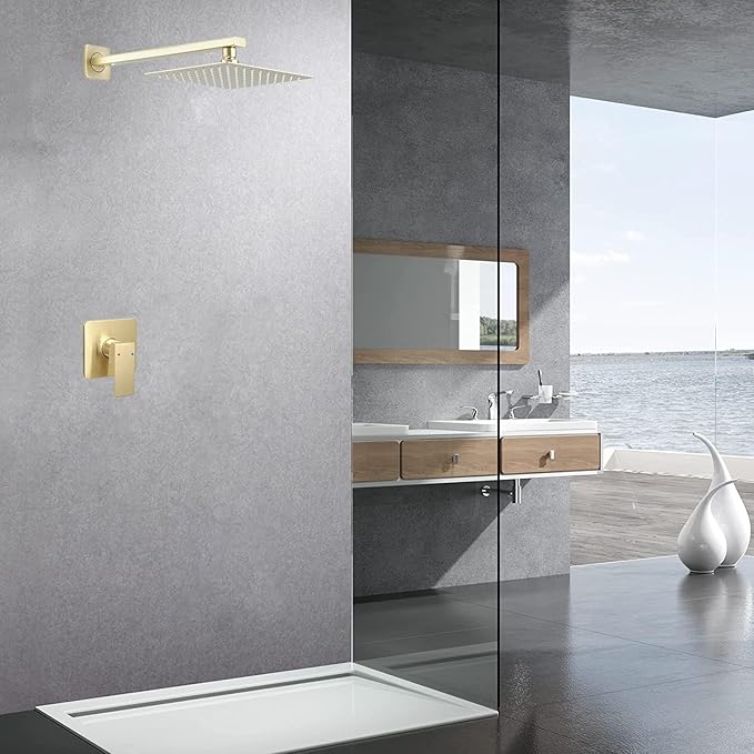 Brushed Gold Shower Faucet Set Bathroom Luxury Rainfall Shower System with Rain Shower Head Single Function Shower Trim Kit with Rough-in Valve