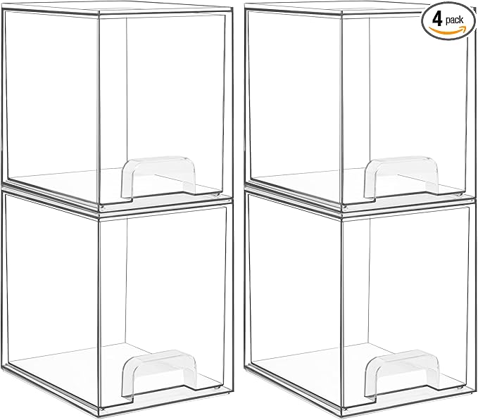 Vtopmart 7.6" H Clear Stackable Storage Drawers, 4 Pack Plastic Organizers Bins for Skincare, Cosmetics,Beauty Supplies,Ideal for Vanity, Bathroom,Kitchen Countertop,Cabinet Organization