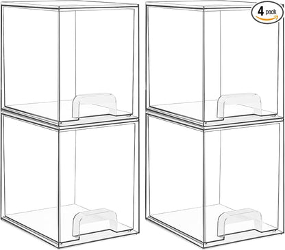Vtopmart 7.6" H Clear Stackable Storage Drawers, 4 Pack Plastic Organizers Bins for Skincare, Cosmetics,Beauty Supplies,Ideal for Vanity, Bathroom,Kitchen Countertop,Cabinet Organization