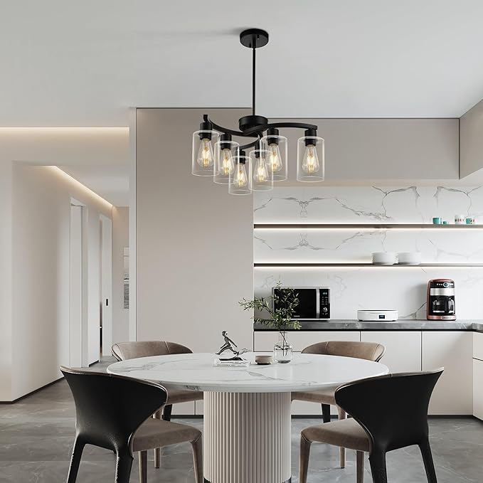 6 Light Modern Farmhouse Chandelier，Black Dining Room Light Fixture，Kitchen Pendant Lights Over Island with Glass Shade
