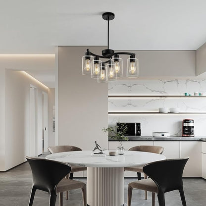 6 Light Modern Farmhouse Chandelier，Black Dining Room Light Fixture，Kitchen Pendant Lights Over Island with Glass Shade
