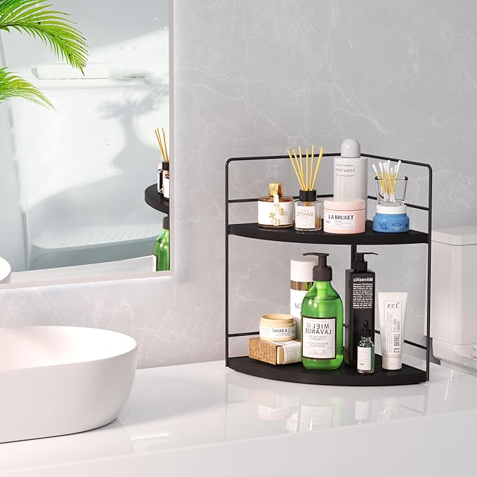 ZGO 2-Tier Bathroom Counter Organizer, Corner Bathroom Organizer Countertop, Makeup Organizer for Vanity Skincare Organizers and Storage, Kitchen Counter Shelf Organizer Perfume Organizer(Black)