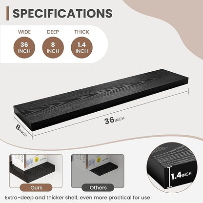 36 Inch Floating Shelves, 8 Inch Deep Floating Shelves for Wall, Hanging Shelf with Invisible Brackets, Deep Shelves for Bathroom, Bedroom, Living Room, Black, Set of 2