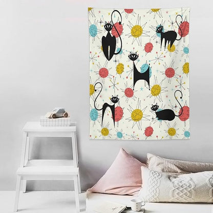 ICMOLYYENLO Abstract Cat Tapestry, Medieval Abstract Atomic Star Cat Vintage Home Wall Hanging Art Tapestry for Bedroom Living Room Dormitory 50x60 Inch