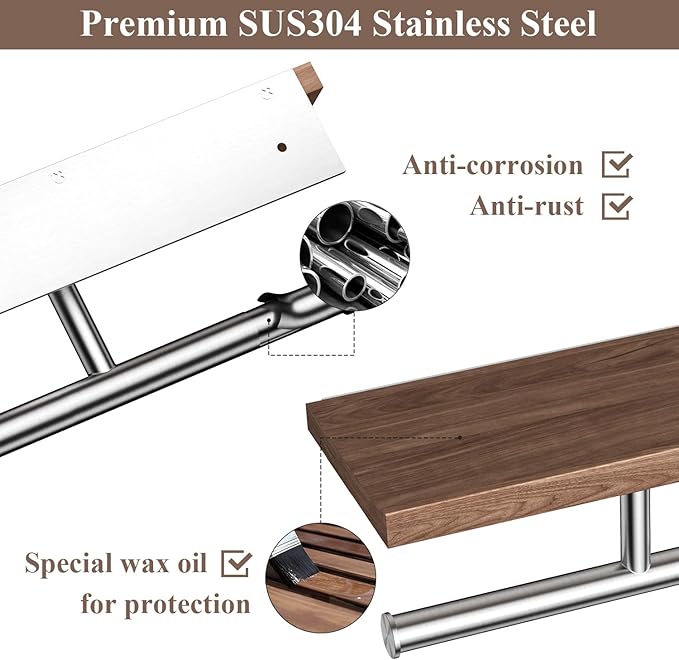 Tindbea Rustic Double Toilet Paper Holder with Walnut Wood Shelf, Farmhouse Toilet Paper Holder Brushed Nickel Stainless Steel Bathroom Tissue Roll Holder