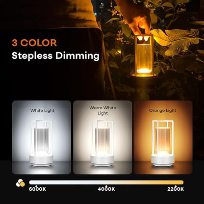 Portable Metal Table Lamp for Indoor/Outdoor ,Rechargeable Cordless LED Lamp, 3-Colour Infinitely Dimming Battery Powered Small Desk Lamp, Restaurant/Bedroom/Bar/Coffee Shop/Camping Light (White)