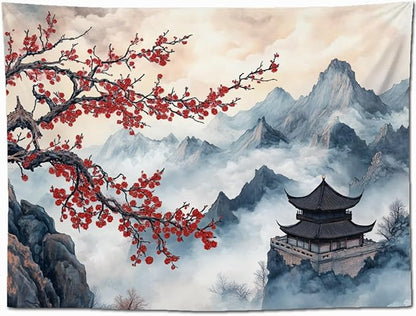 keowhsf Japanese Tapestry Aesthetic Wall Decor – Watercolor Ink Landscape with Red Plum Blossoms and Misty Mountains, Asian Art Hanging for Bedroom, Living Room, Dorm