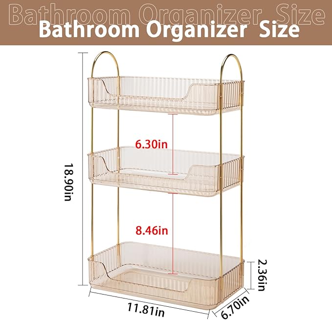 Bathroom Counter Organizer - Countertop Storage, Cosmetics & Skincare Shelf, Makeup Organizer, Perfume Tray, Spice Rack - 3 Tier Gold
