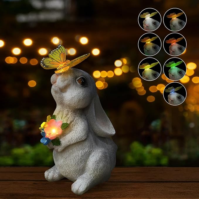 Solar Bunny Statues Light for Garden - Color-Changing Rainbow LED Butterfly,Rabbit Figurine Decor Auto On/Off,Easter Gifts for Yard Balcony & Patio Ornaments (Colorful Light)