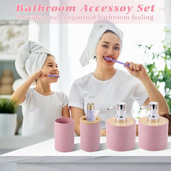 Pink Bathroom Set, Pink Bathroom Accessories Set with Trash Can, 2PCS Soap Dispensers, Soap Dish, Toothbrush Holder, Toothbrush Cup,Toilet Brush, Tray and Qtip Holders for Bathroom Decor