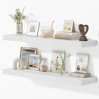 40 Inches Floating Shelves for Wall, 9.3" Deep Long Floating Shelves Set of 2, Large Display & Storage Shelf, Wall Shelf for Bathroom Bedroom Living Room Kitchen Office, White