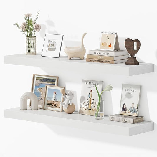 40 Inches Floating Shelves for Wall, 9.3" Deep Long Floating Shelves Set of 2, Large Display & Storage Shelf, Wall Shelf for Bathroom Bedroom Living Room Kitchen Office, White