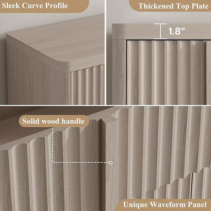 Buffet Cabinet with Storage, 60" Fluted Coffee Bar Cabinet with 4 Drawers & 2 Doors, Solid Wood Handle, Credenza Accent Storage Cabinet for Kitchen Living Dining Room, Natural Oak(1PCS)