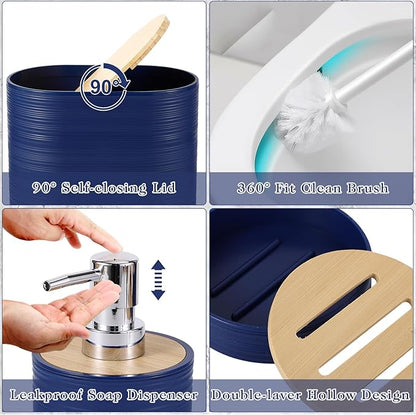 Blue Bathroom Set, Navy Blue Bathroom Accessories Set with Trash Can, 2PCS Soap Dispensers, Soap Dish, Toothbrush Holder, Toothbrush Cup,Toilet Brush, Tray and Qtip Holders for Bathroom Decor