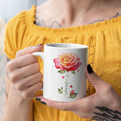 Novelty Rose Accent Cup For Girl, Personalized Rose Flower Coffee Mug 11oz 15oz, Customized Rose Lover Ceramic Cup With Name, Custom Flower Design Mug, Gift For Anniversary
