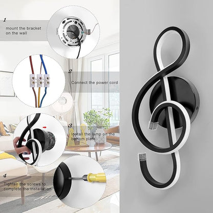 XEYOU 22W Modern Wall Sconce Lighting Indoor LED Creative Wall Light Fixture Music Symbol Art Decoration Wall Lamp for Living Room Bedroom Stair Corridor, Black 3000K