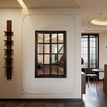 Wall Mirror with Window Design, 38"x26" Rustic Farmhouse Wood Mirror for Wall Decor, Decorative Vintage Mirror for Living Room, Bedroom, Entryway