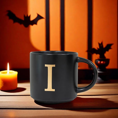 COLLECTIVE HOME - Monogram Ceramic Mugs, 15 oz Golden Initial Black Coffee Cups, Elegant Alphabet Tea Mugs, Elegant Personalized Mug with Gift Box, Unique Mug with Double Side Capital Lette (I)