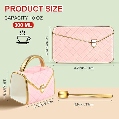 Zubebe 1 Set Coffee Mug Elegant Handbag Shaped Cup Modern Ceramic Purse Mug with Spoon and Saucer, 10oz Cute Creative Tea Cup for Office Home Woman Girls Gift (Pink)