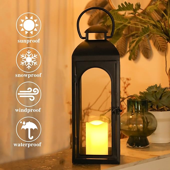 Bdor 20 Inches Metal and Stainless Steel Glass Decorative Lantern with Electronic Wax Effect - Indoor/Outdoor Decorative Lighting, Handcrafted Aesthetic, Perfect for Home, Parties, and Holiday Decor