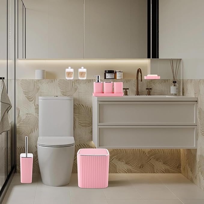 Pink Bathroom Accessories Set - Gorgeous Bathroom Set, 10PC Bathroom Accessory Set, Toilet Brush, Trash Can, Qtip Holder Dispenser & Soap Dispenser