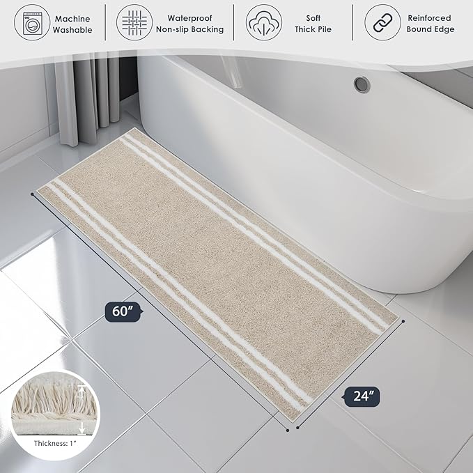 PURRUGS Bathroom Rug Non-Slip Machine Washable 24" x 60", Super Absorbent and Quick Dry Shaggy Microfiber Bath Mat, Extra Soft and Plush Bath Rug for Bathtub, Shower and Sink, Beige