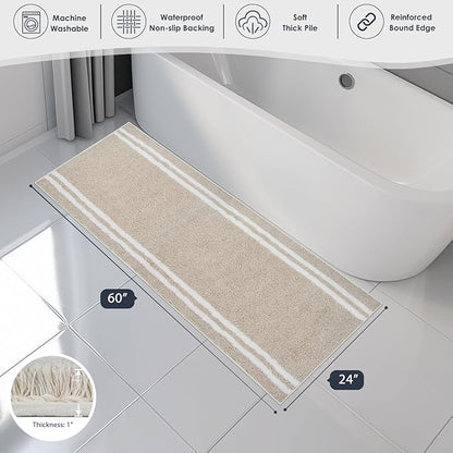 PURRUGS Bathroom Rug Non-Slip Machine Washable 24" x 60", Super Absorbent and Quick Dry Shaggy Microfiber Bath Mat, Extra Soft and Plush Bath Rug for Bathtub, Shower and Sink, Beige