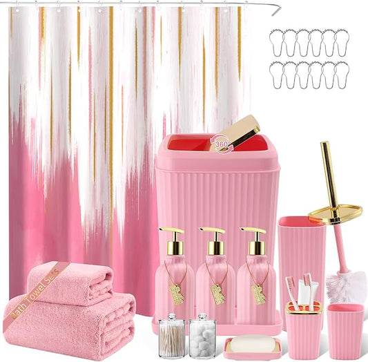 20PC Bathroom Accessory Set Pink Bathroom Accessories Bathroom Set, Shower Curtain Set, 2 Piece Bath Towel Set, 3PC Soap Dispenser, Toilet Brush & Trash Can
