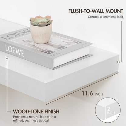 40 Inch Floating Shelves, 12" Deep Floating Shelf Wall Mounted, 40" Wall Shelves, Rustic Deep Bookshelf, Extra Deeper & Thicker Display Shelves for Bedroom, Living Room, White, Set of 2