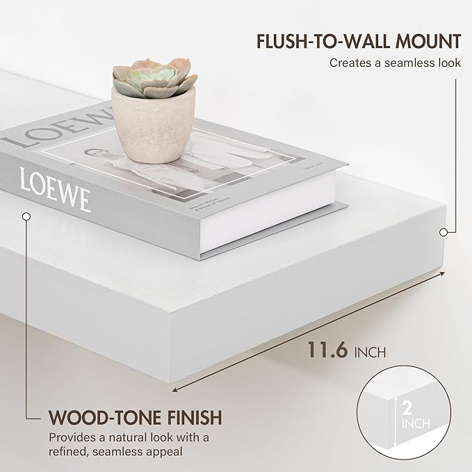 24 Inch Floating Shelves, 12" Deep Floating Shelf Wall Mounted, 24" Wall Shelves, Rustic Deep Bookshelf, Extra Deeper & Thicker Display Shelves for Bedroom, Living Room, White, Set of 2
