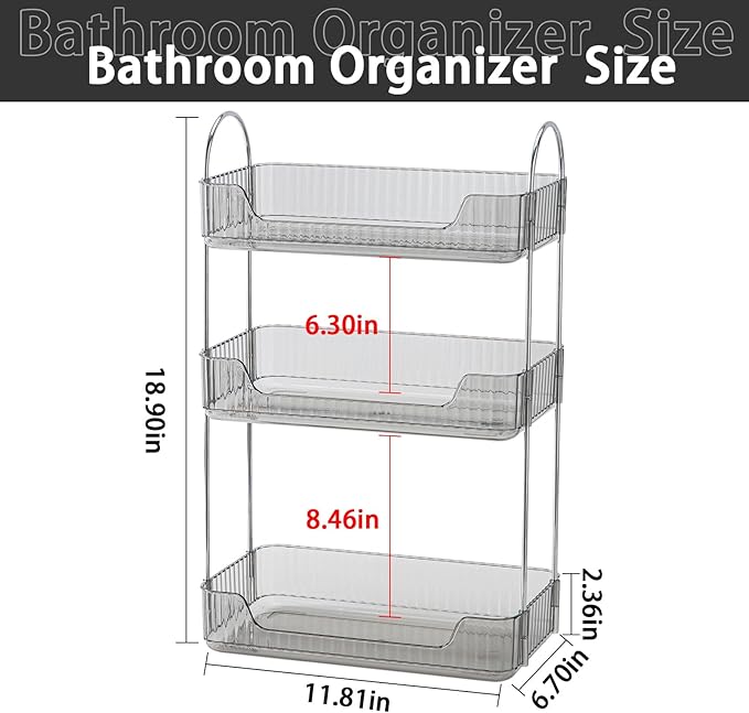 3-Tier Gray Countertop Storage - Bathroom & Kitchen Organizer, Cosmetics & Makeup Shelf, Spice Rack