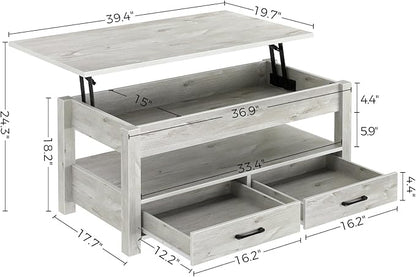 Rolanstar Coffee Table, Lift Top Coffee Table with Drawers and Hidden Compartment, Living Room Table with Wooden Lift Tabletop, for Living Room, Grey