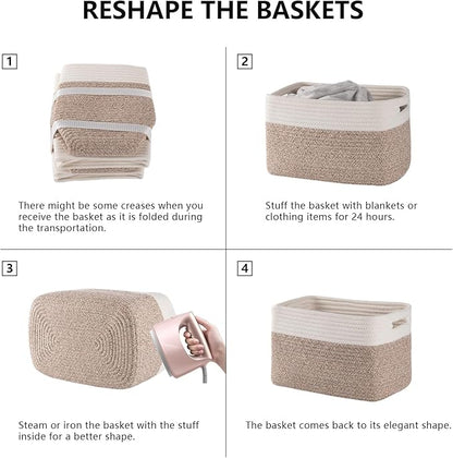 4 Pack Storage Baskets for Organizing, Woven Baskets for Shelves - Perfect for Toys, Books, Towels, and Clothes, Durable Gift Basket Bins Toy Storage, 12.7''Lx9''Wx7.8''H, Brown & White