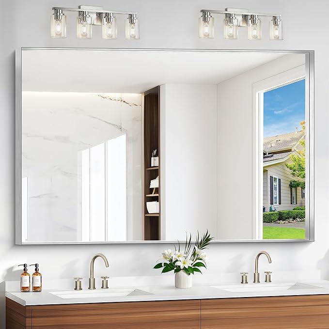 Silver Bathroom Mirror, 60x40 Inch Rectangular Framed Mirror, Large Wall Mounted Bathroom Vanity Mirror Over Sink for Bedroom,Restroom, Living Room, Hangs Vertically or Horizontally