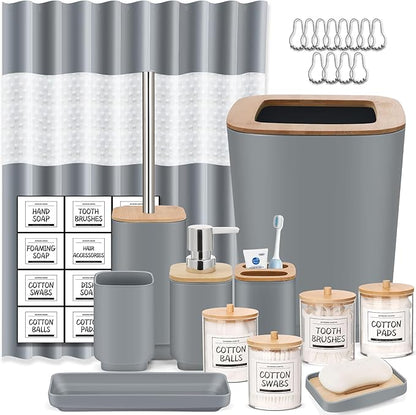 Bathroom Accessories Set,Grey Bathroom Set,24 Pieces Bathroom Accessory Set with Shower Curtain,Trash Can for Bathroom Accessories Décor and Home Gifts